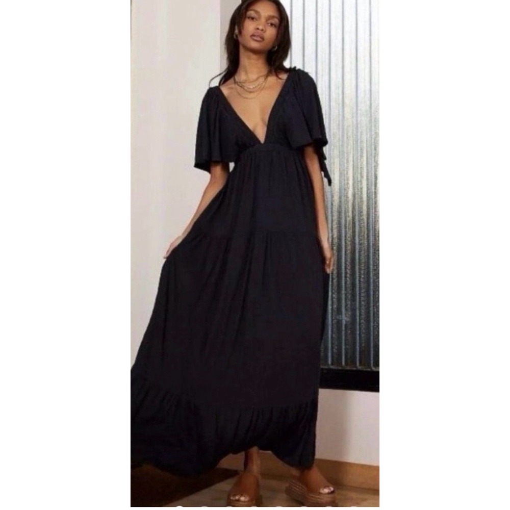 Free People Beach Black Deep V-Neck Tiered Maxi Dress Small Boho Open Back